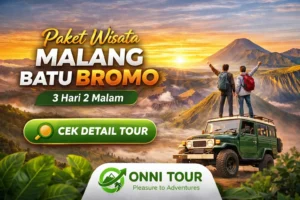 Banner CTA Paket Wisata Malang Batu Bromo 3 Hari 2 Malam Onni Tour dengan sunrise Gunung Bromo, jeep wisata dan tombol Cek Detail Tour.