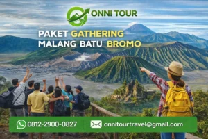 Paket gathering Malang Batu Bromo bersama Onni Tour dengan pemandangan Gunung Bromo dan grup wisata menikmati panorama alam, lengkap dengan kontak WhatsApp 0812-2900-0827.