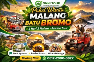 Poster promo paket wisata Malang Batu Bromo private trip 3 hari 2 malam dengan highlight sunrise Bromo dan wisata keluarga Batu